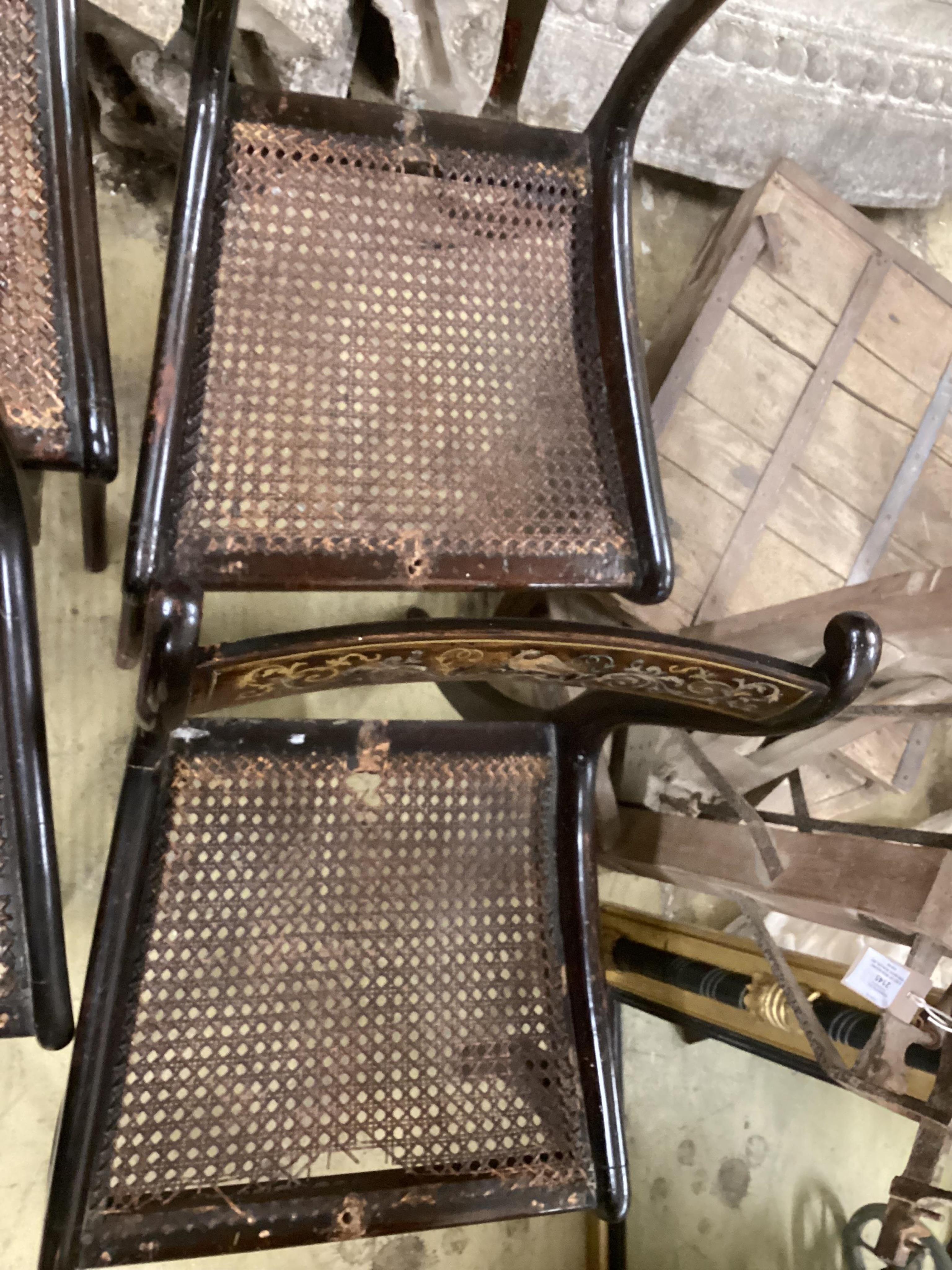 A set of six Regency rosewood and simulated rosewood dining chairs, the top rails inlaid with cut brass decoration, caned seats with slip-in cushions, on sabre legs
